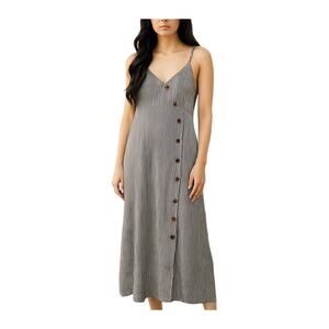 Sleeveless Linen Blend Pinstriped Maxi‎ Dress Smocked Back Beach Vacation (2790)